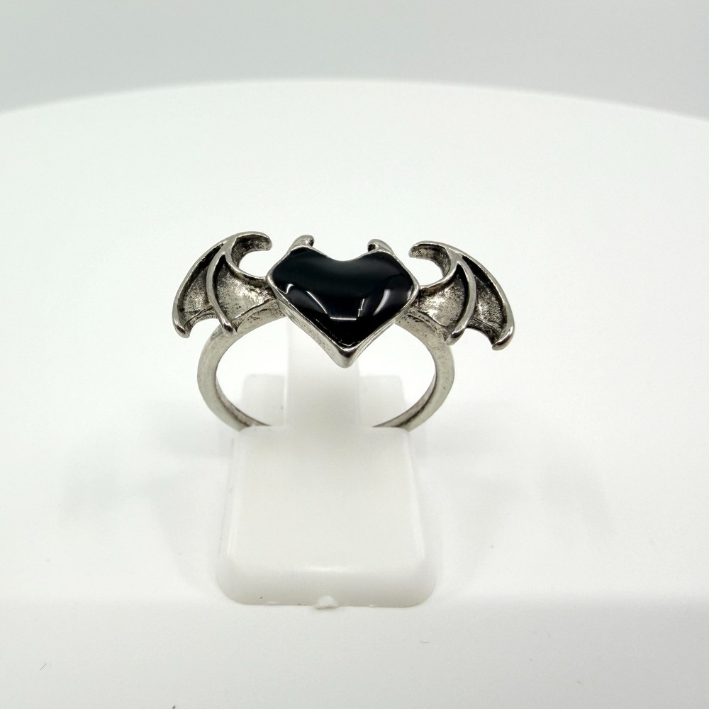 Alchemy Gothic Blacksoul Ring Silver Black Heart Bat Wings Vintage Size 6